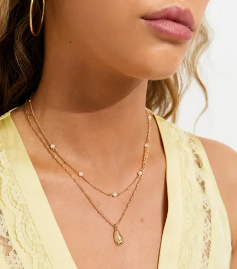 Gold Tone 2 Layer Teardrop Chain Necklace