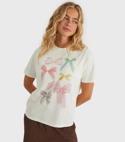 Women's Clothing White Bow Print T-Shirt