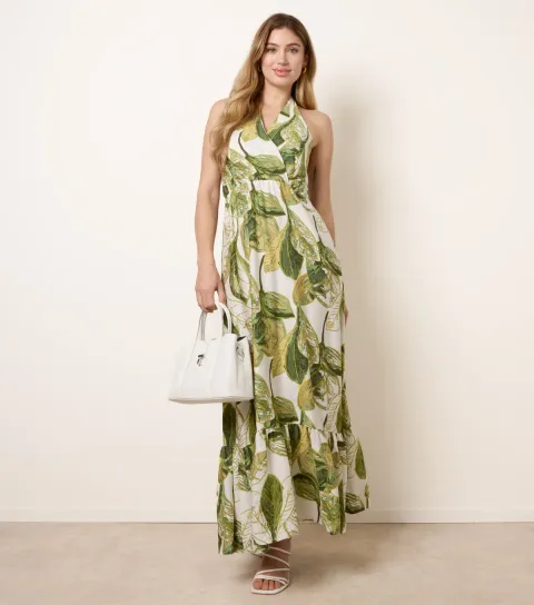 Women's Green Leaf Print Halter Neck Dress