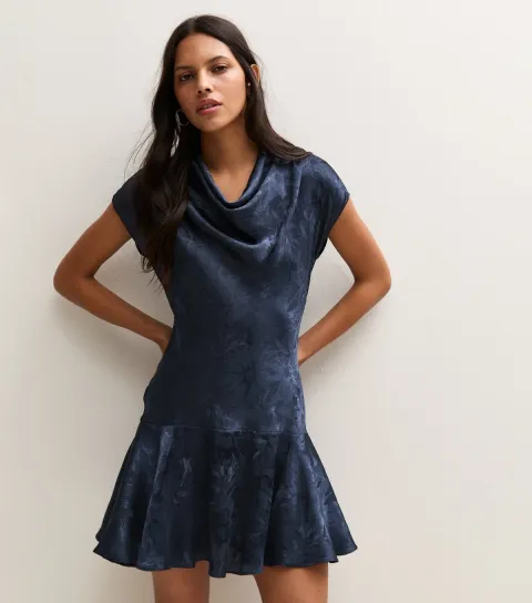 New Look Women's Navy Jacquard Satin Skater Mini Dress