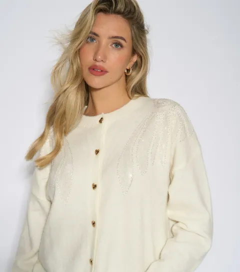 Gini London Women's Off White Angel Wings Sequin Embellished Knitted Cardigan
