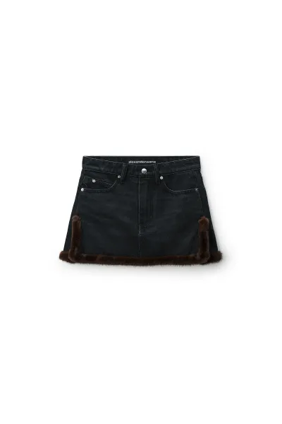 FAUX FUR TRIM DENIM SKIRT