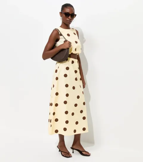 Women's Cream Cotton Large Spot Print Circle Skirt