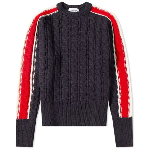 Tricolour Sleeve Stripe Crew Cable Knit