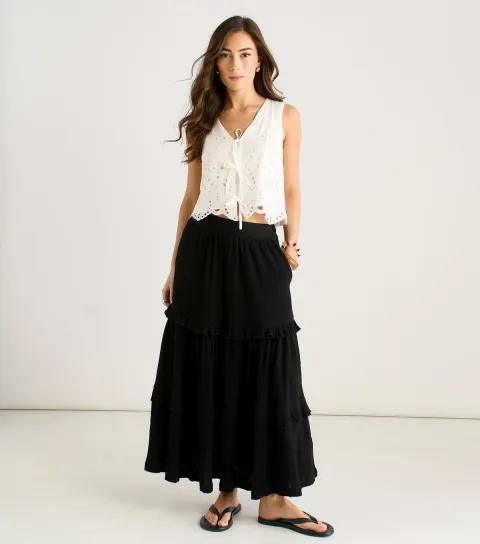 Women's Black Tiered Cotton Skater Skirt