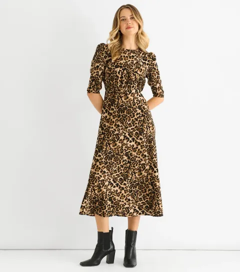 Women's Brown Leopard Print Puff Sleeve Midi Dress