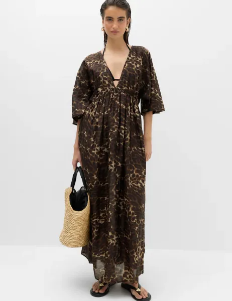 Marks & Spencer Pure Cotton Printed V-Neck Sheer Kaftan Brown Mix