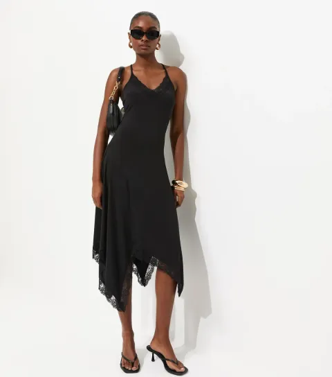 Women's Black Lace Trim Asymmetric Midi Dress
