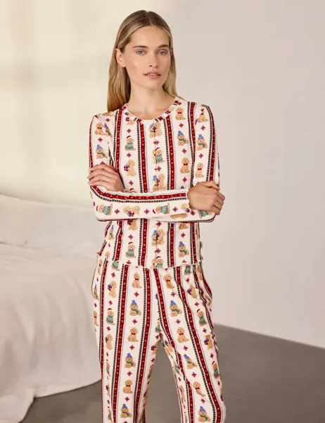 Chelsea Peers Family Christmas Dog Print Pyjama Set Cream Mix