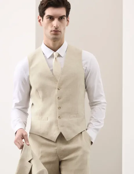 Autograph Italian Performance Linen Blend Waistcoat Stone