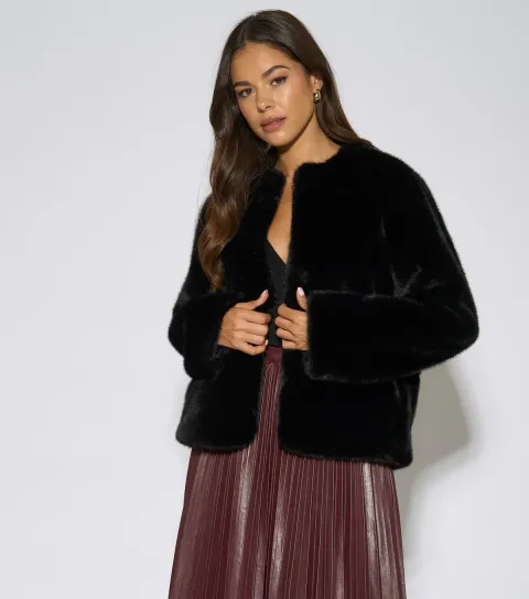 Gini London Women's Black Faux Fur Collarless Short Jacket