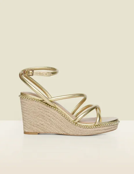 SOSANDAR Metallic Studded Strappy Wedge Espadrilles Gold