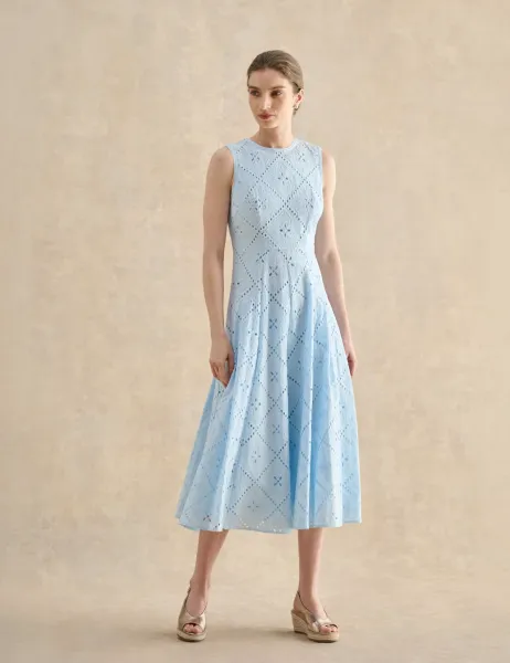 Hobbs Pure Cotton Broderie Midi Skater Dress Blue