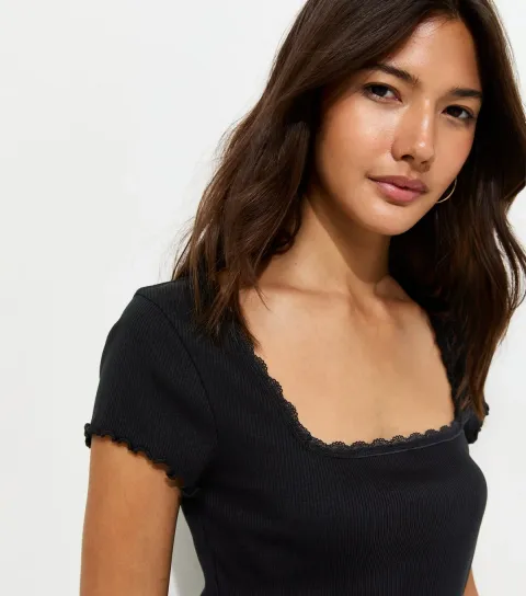 Women's Black Cotton Rich Short Sleeve Lace Trim Square Neck Top