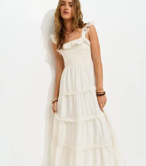 New Look Women's White Frilly Trimmed Shirred tiered Maxi Dress