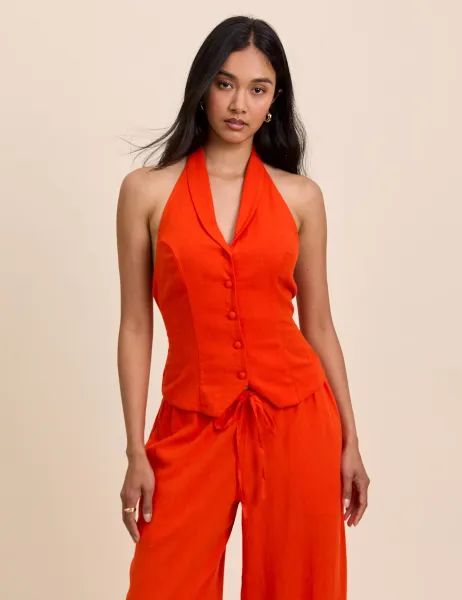 Nobody's Child Linen Rich Halter Neck Waistcoat Top Orange