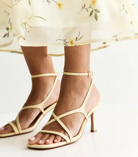 Women's Light Yellow Faux Leather Square Toe Stiletto Sandals Vegan