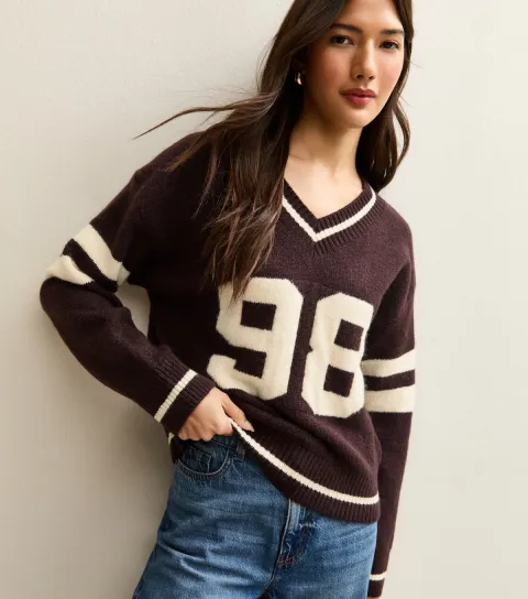 Women's Dark Brown Football V-Neck Jumper