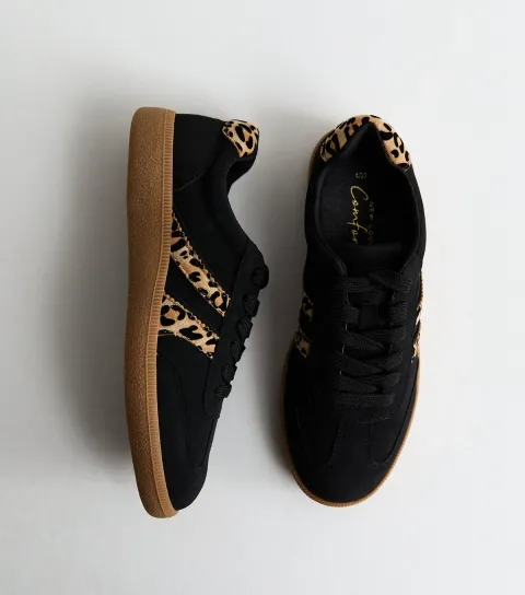 Women's Black Faux Suede Leopard Side Stripe Trainers Vegan