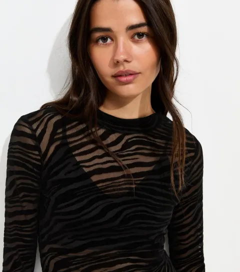 Women's Black Mesh Jersey Zebra Flocked Long Sleeve Top