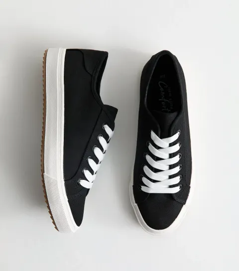 Women's Black Canvas Lace Up Trainers Vegan
