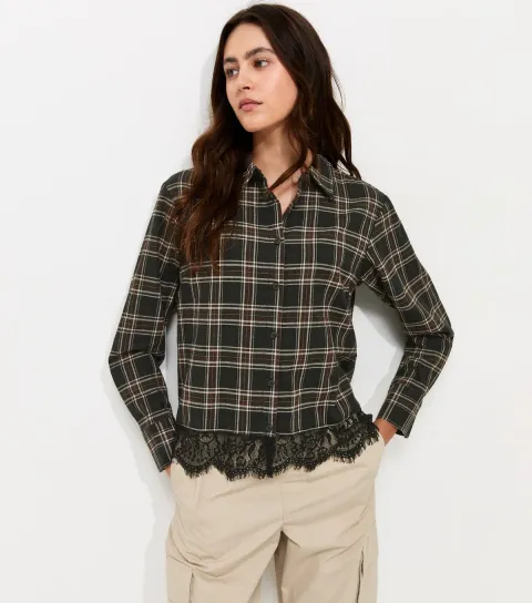 Women's Black Cotton Checked Meet The Jean Lace Trim Shirt
