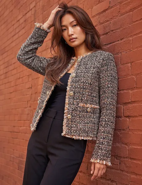 Roman Boucle Frayed Edge Cropped Jacket Brown Mix