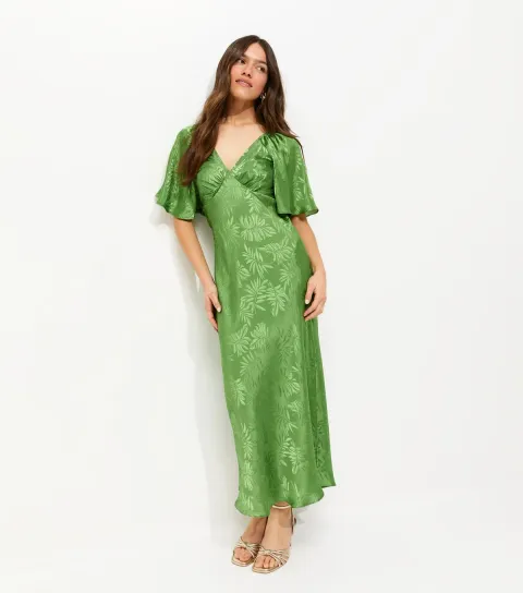Women's Petite Light Green Palm Jacquard Flutter Sleeve Midi Dress