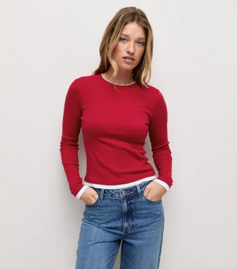 Women's Bright Red Cotton Rich Double Layer Long Sleeve Top