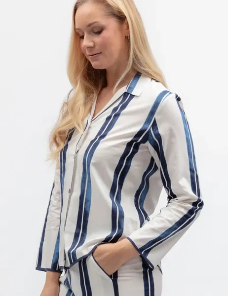 Cyberjammies Cotton Modal Striped Revere Pyjama Top Navy Mix