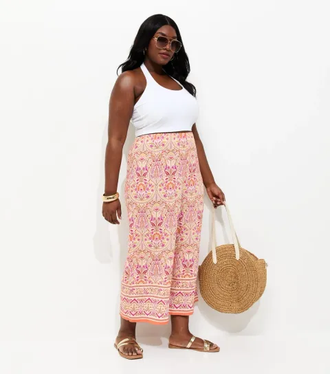 Women's Plus Size Pink Folk Print Cropped Trousers Curves