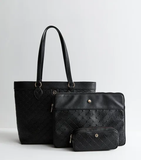 Black Faux Leather Debossed Trio Tote Bag Vegan