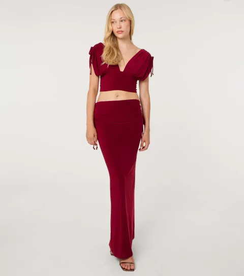 Women's Dark Burgundy Slinky Ruched Maxi Skirt