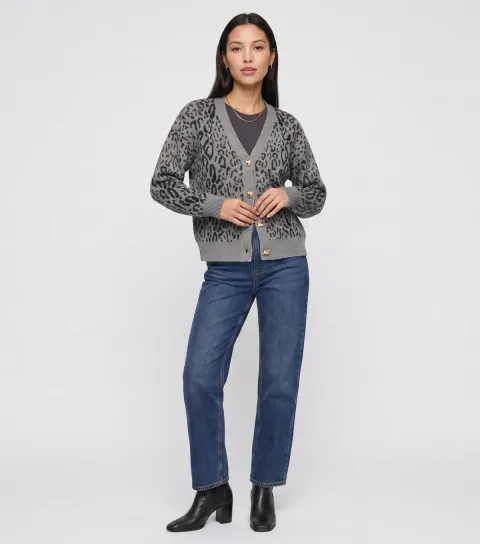 Gini London Women's Grey Leopard Print V-Neck Long Sleeve Cardigan
