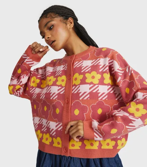 Women's Orange Floral Check Oversized Cardigan