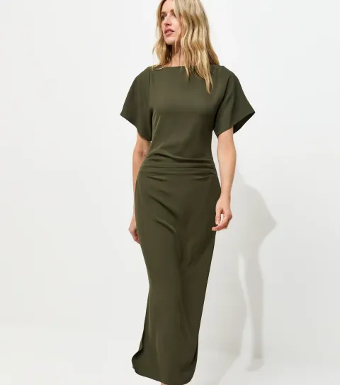 Women's Tall Dark Khaki Slash Neck Ruched Side Midi Dress