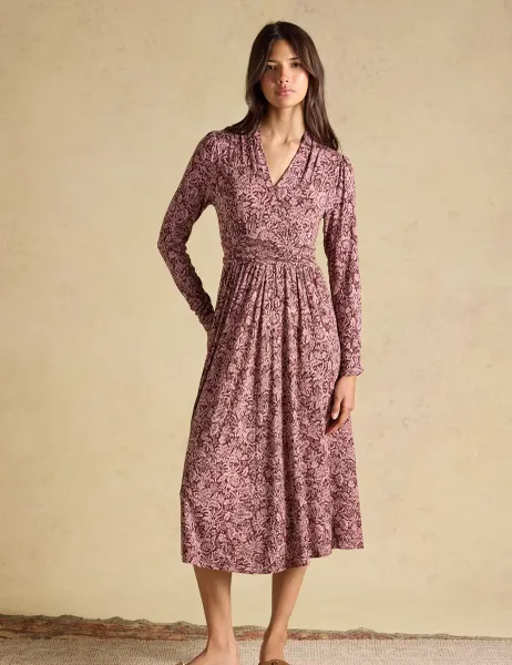 Joules Jersey Floral V-Neck Midi Tea Dress Brown Mix