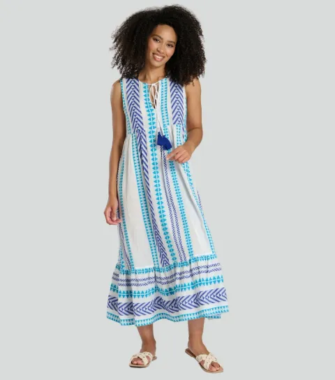 Women's Blue Tie Neck Patterned Jacquard Midi Dress