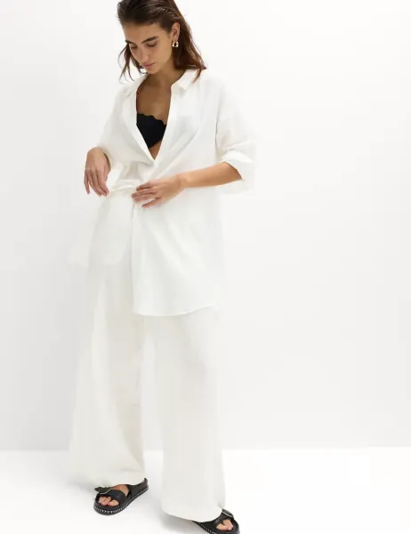 Marks & Spencer Cotton Rich Textured Shirt with Linen Soft White