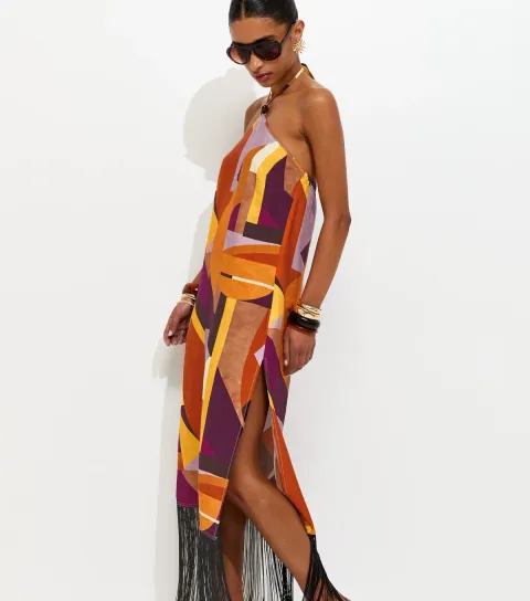 Women's Multicoloured Geometric Print Halter Neck Midi Dress