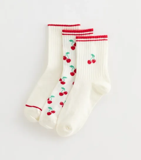 Pack of 3 White Cherry Ribbed Ankle Socks