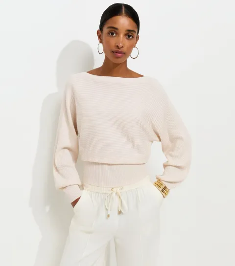 Women's Cream Lightweight Ribbed Knit Slash Neck Batwing Jumper