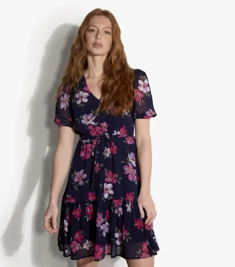 Women's Navy Rose Print Drawstring Waist Dress