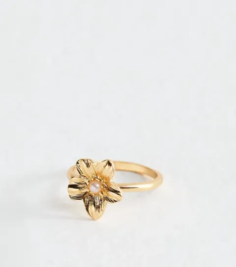 New Look Gold Tone Faux Pearl Charm Flower Ring