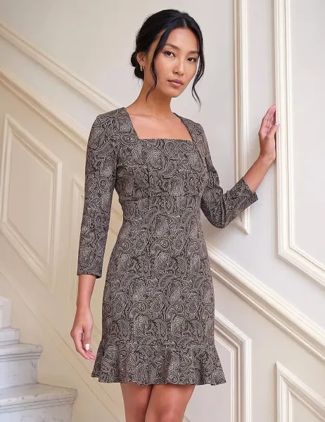 Roman Jacquard Paisley Square Neck Frill Hem Mini Waisted Dress Black