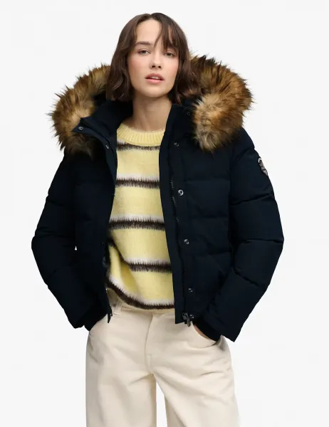 Superdry & Co Hooded Faux Fur Trim High Neck Bomber Jacket Navy