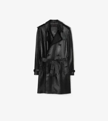 Mid-length Leather Kensington Trench Coat in Black