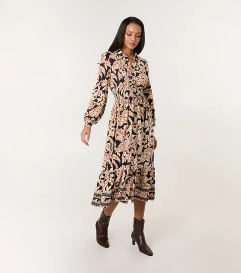 Women's Navy Printed V-Neck Midi Dress