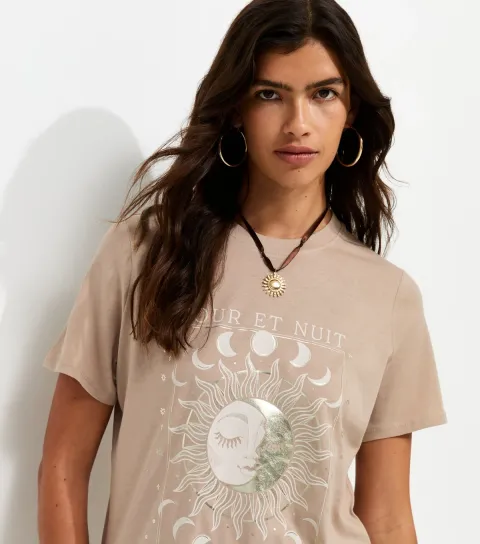 Women's Mink Cotton Sun and Moon Print Relaxed T-Shirt