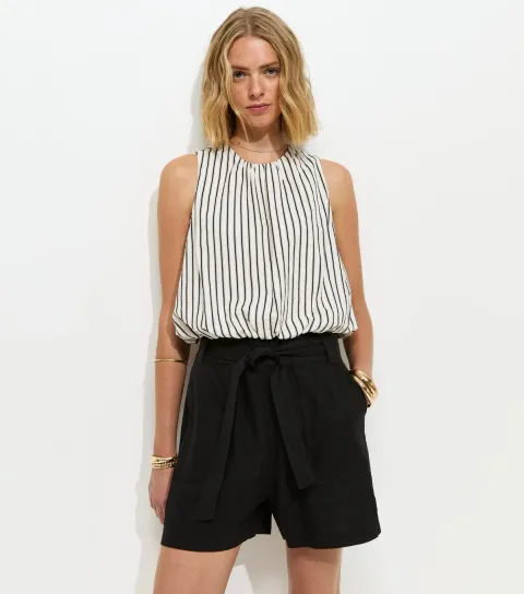 Women's Black Linen Blend Paperbag Shorts